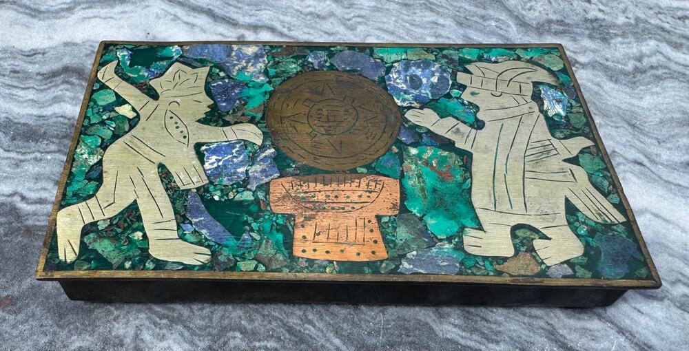 VINTAGE: MCM Mayan Mexican Mosaic Inlay Brass Copper Wood Trinket Cigarette Box